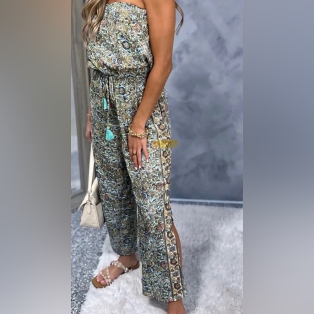 Paani Printed Wide-Leg Jumpsuit with Tassel Tie - Green Multi - S